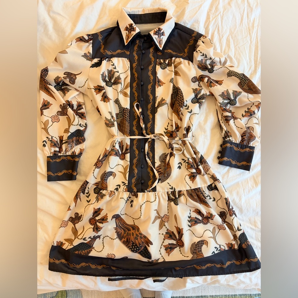 Cream Floral & Bird Print Dress with Black Trim